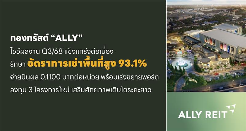 กองทรัสต์ “ALLY” โชว์ผลงาน Q3/68 แข็งแกร่งต่อเนื่อง รักษาอัตราการเช่าพื้นที่สูง 93.1% จ่ายปันผล 0.11 บาทต่อหน่วย พร้อมเร่งขยายพอร์ตลงทุน 3 โครงการใหม่ เสริมศักยภาพเติบโตระยะยาว